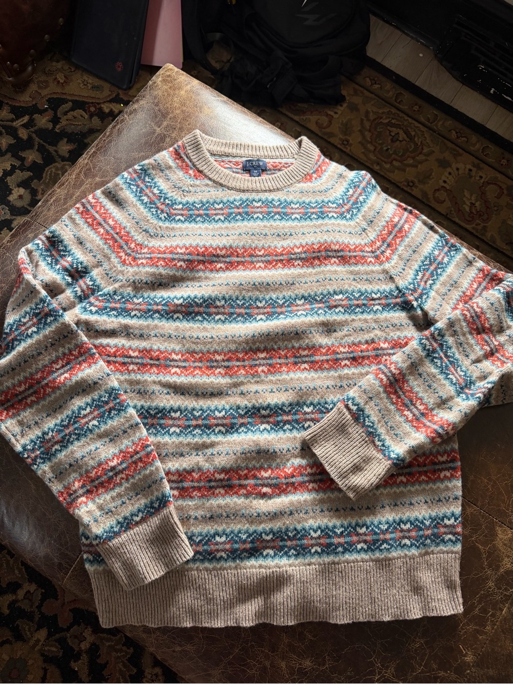 J. Crew Cream Fair Isle Crewneck Sweater with Blue & orange Stripes